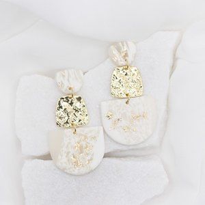 White + Gold Clay Earrings, Statement Earrings, Handmade Polymer Clay Earrings